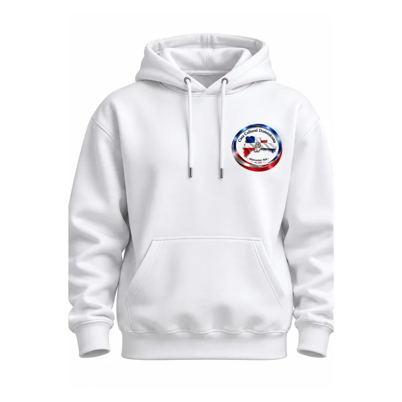 Sudadera blanca con el logo de Casa Cultural Dominicana en el pecho